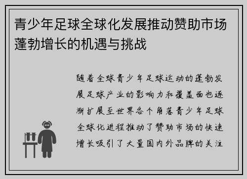 青少年足球全球化发展推动赞助市场蓬勃增长的机遇与挑战