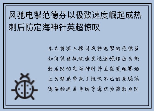 风驰电掣范德芬以极致速度崛起成热刺后防定海神针英超惊叹