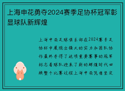 上海申花勇夺2024赛季足协杯冠军彰显球队新辉煌 上海申花勇夺2024赛季足协杯冠军彰显球队新辉煌