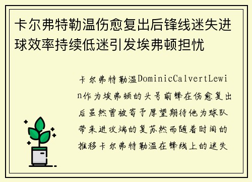 卡尔弗特勒温伤愈复出后锋线迷失进球效率持续低迷引发埃弗顿担忧 卡尔弗特勒温伤愈复出后锋线迷失进球效率持续低迷引发埃弗顿担忧