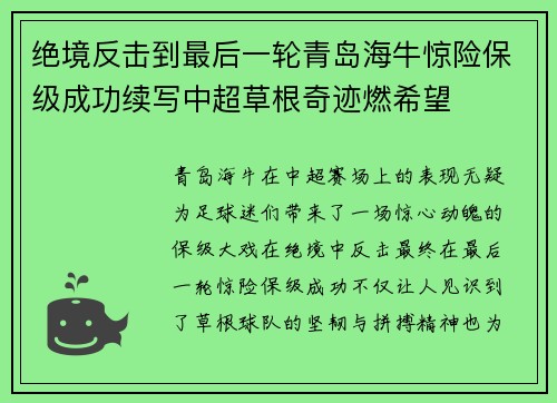 绝境反击到最后一轮青岛海牛惊险保级成功续写中超草根奇迹燃希望 绝境反击到最后一轮青岛海牛惊险保级成功续写中超草根奇迹燃希望