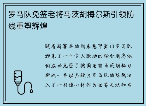罗马队免签老将马茨胡梅尔斯引领防线重塑辉煌
